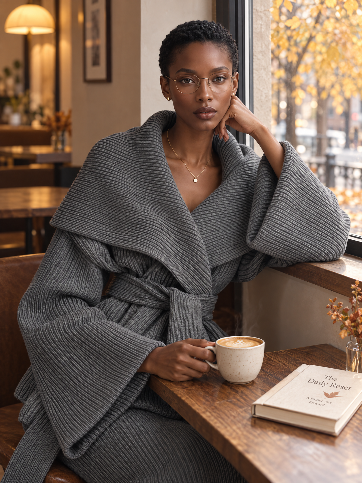 Chaqueta de punto gris con cuello chal y cinturón