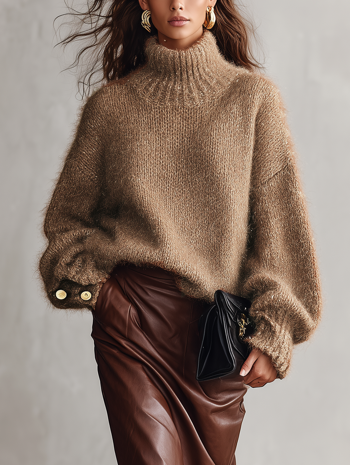 Jersey de cuello alto en mohair camel