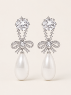 Etta | Bow Pearl Drop Earrings with Crystal Detail