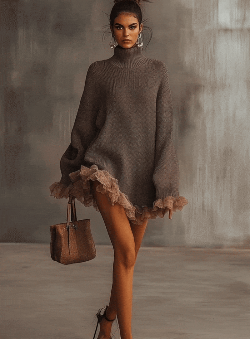 Vestido de Punto Marrón con Cuello Alto y Bajo con Volantes