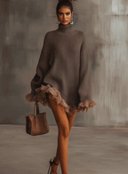 Vestido de Punto Marrón con Cuello Alto y Bajo con Volantes