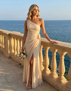 Apricot Fitted One Shoulder Long Pleated Slit Bridesmaid Dress