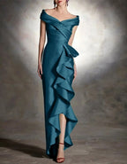 Elegant Teal Satin Gown with Off-Shoulder Neckline and Cascading Ruffle