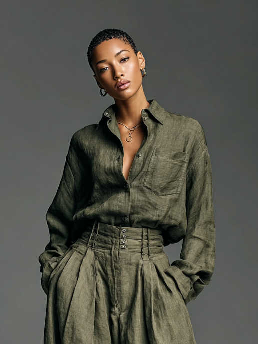 Two-Piece Linen Shirt and Wide-Leg Pants Set