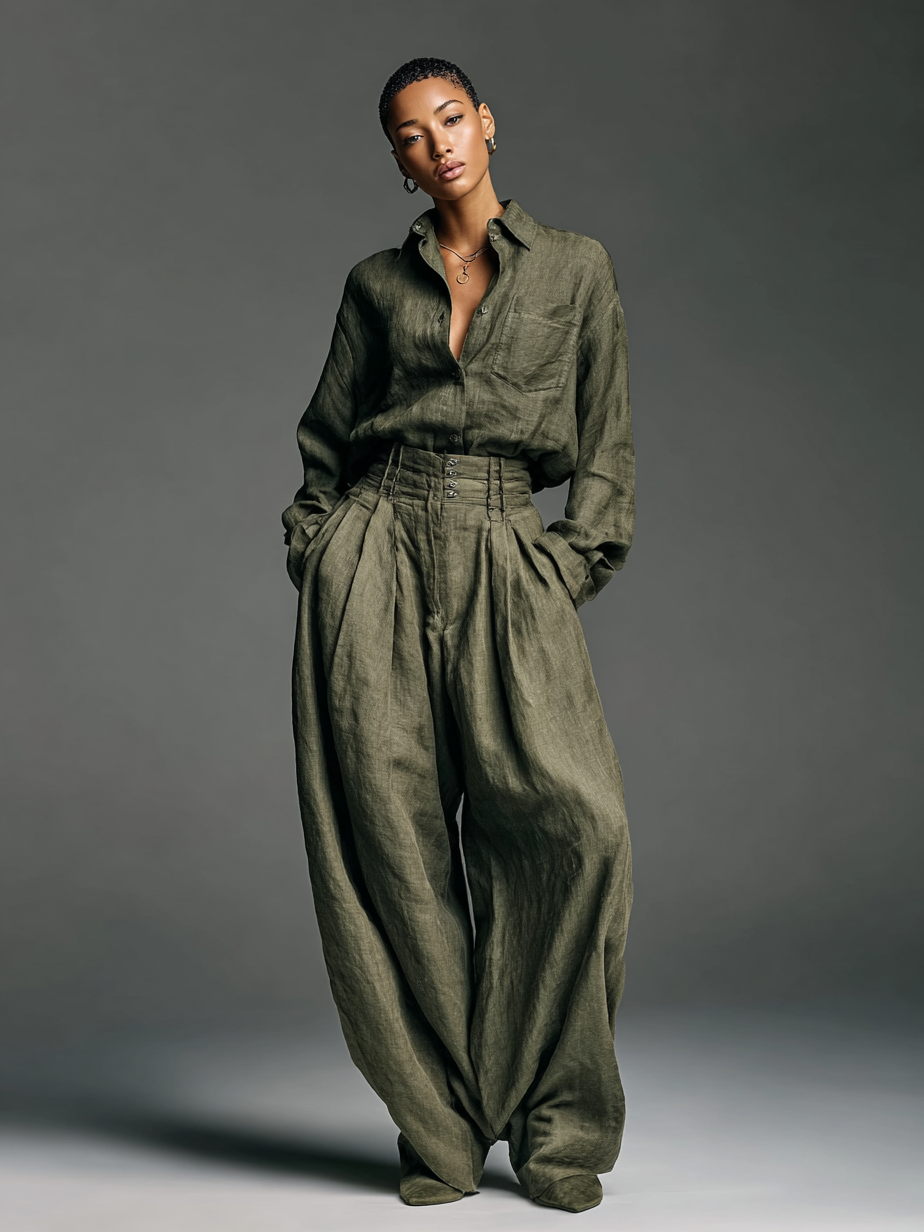Two-Piece Linen Shirt and Wide-Leg Pants Set