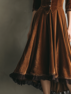 Vintage Velvet Midi Dress with ¾ Sleeve and Lace Trim