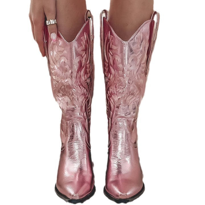 Botas Western con Punta y Tacón Grueso con Bordado
