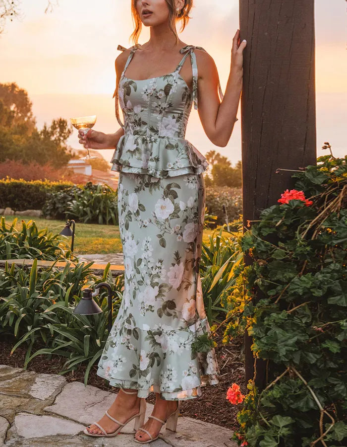 Light Green Floral Pattern Square Collar Bridesmaid Dress