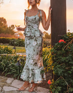 Light Green Floral Pattern Square Collar Bridesmaid Dress