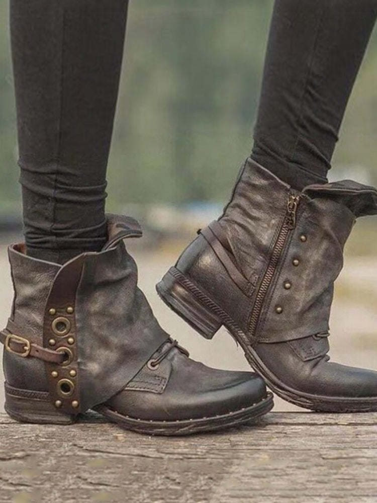 Vintage Ankle Boots with Buckle and Studded Patch