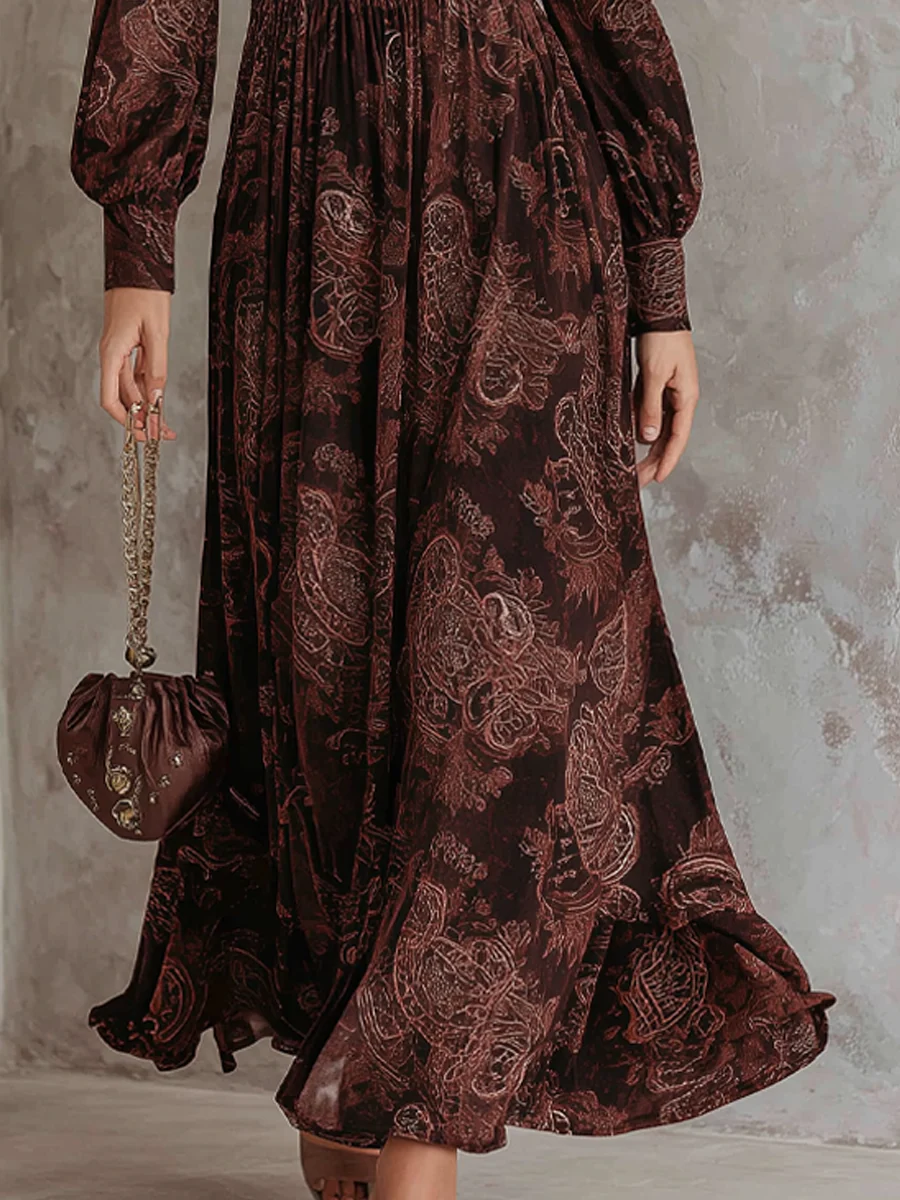 Vestido Maxi Marrón con Estampado Paisley y Cintura con Cremallera