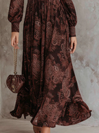 Vestido Maxi Marrón con Estampado Paisley y Cintura con Cremallera
