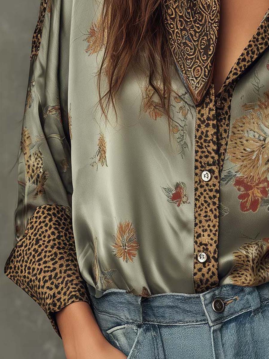 Camisa de Satén con Flores y Ribete de Leopardo