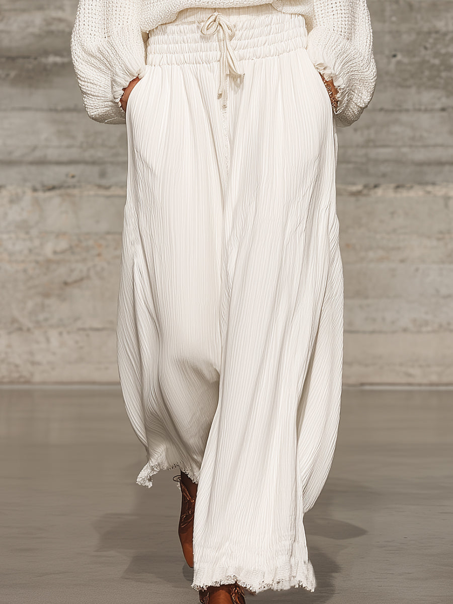 Pantalón Ancho Retro Blanco con Cinturilla Elástica