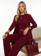 Conjunto cárdigan largo, top y pantalón de punto