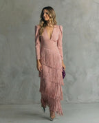 Elegante Vestido Midi Con Mangas y Flecos