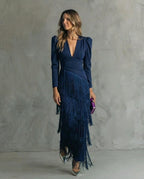 Elegante Vestido Midi Con Mangas y Flecos