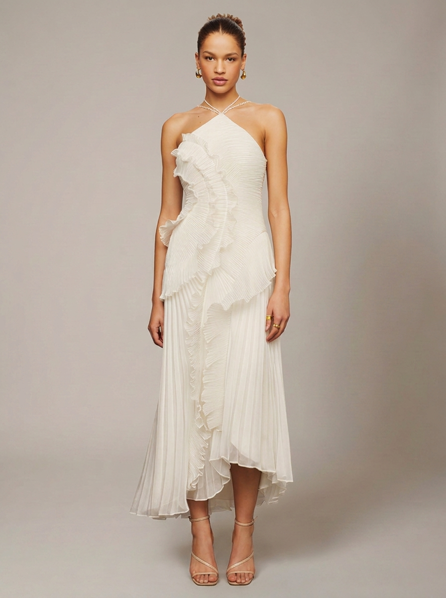 Vestido Maxi cuello halter plisado asimético