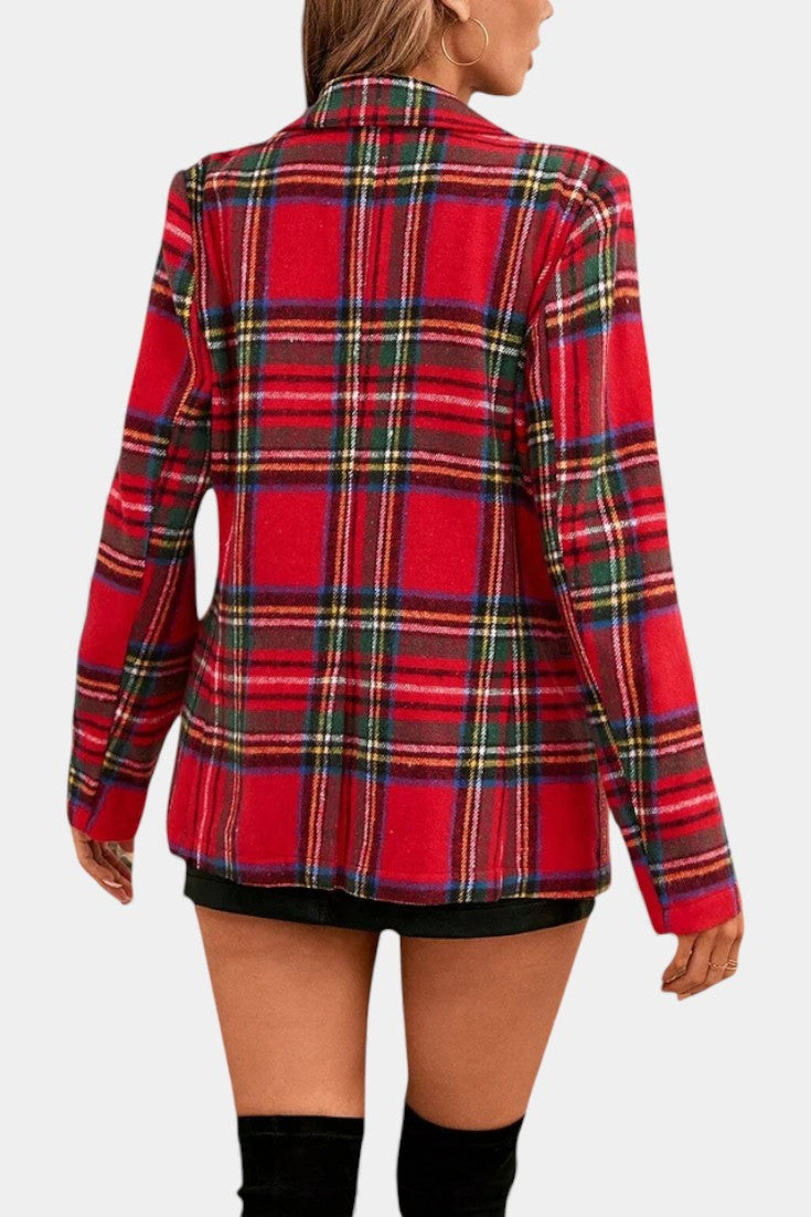 Alvine Long Checkered Blazer with Notched Collar and One-Button Closure