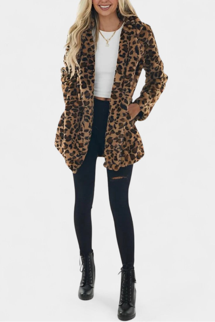 Abrigo Largo de Leopardo de Pelo Sintético
