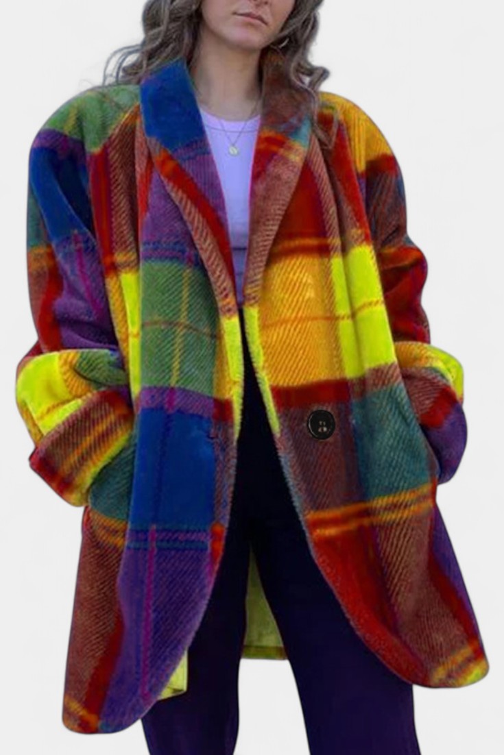 Glazel Long Oversized Coat with Classic Check Pattern