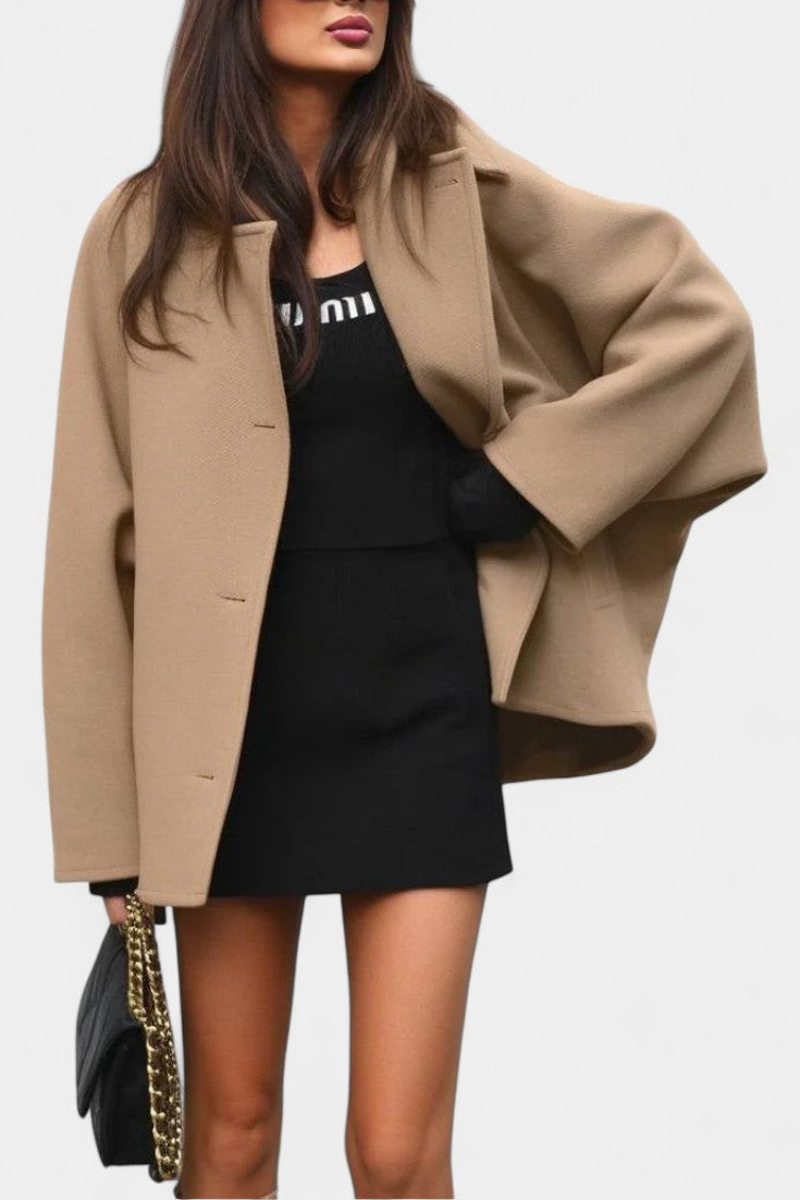 Ambreline Mid-Length Wool Batwing Coat with Notched Collar
