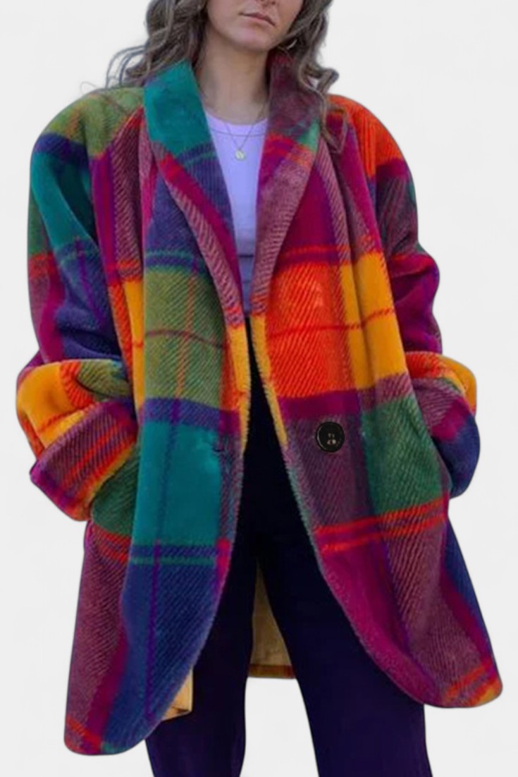 Glazel Long Oversized Coat with Classic Check Pattern
