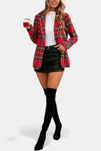Alvine Long Checkered Blazer with Notched Collar and One-Button Closure