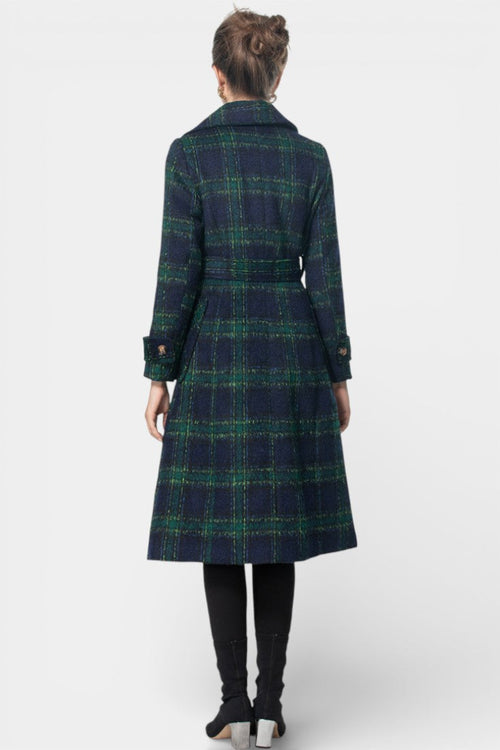 Teal Plaid Double-Breasted Coat