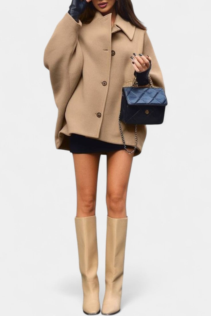 Ambreline Mid-Length Wool Batwing Coat with Notched Collar