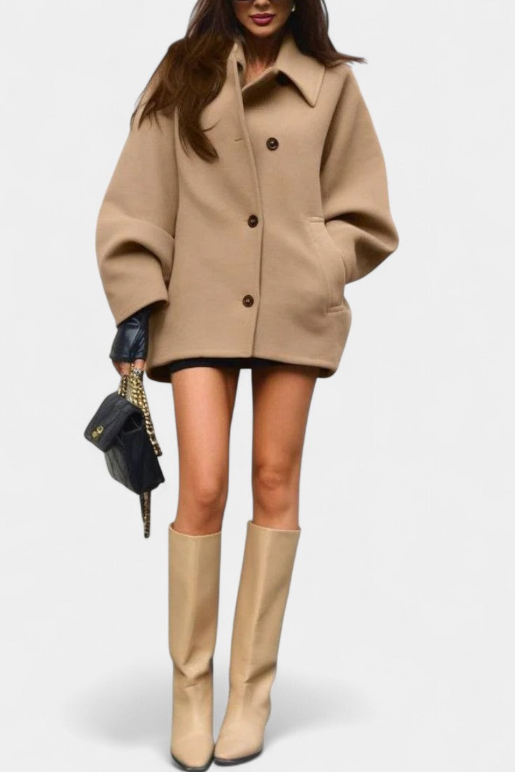 Ambreline Mid-Length Wool Batwing Coat with Notched Collar