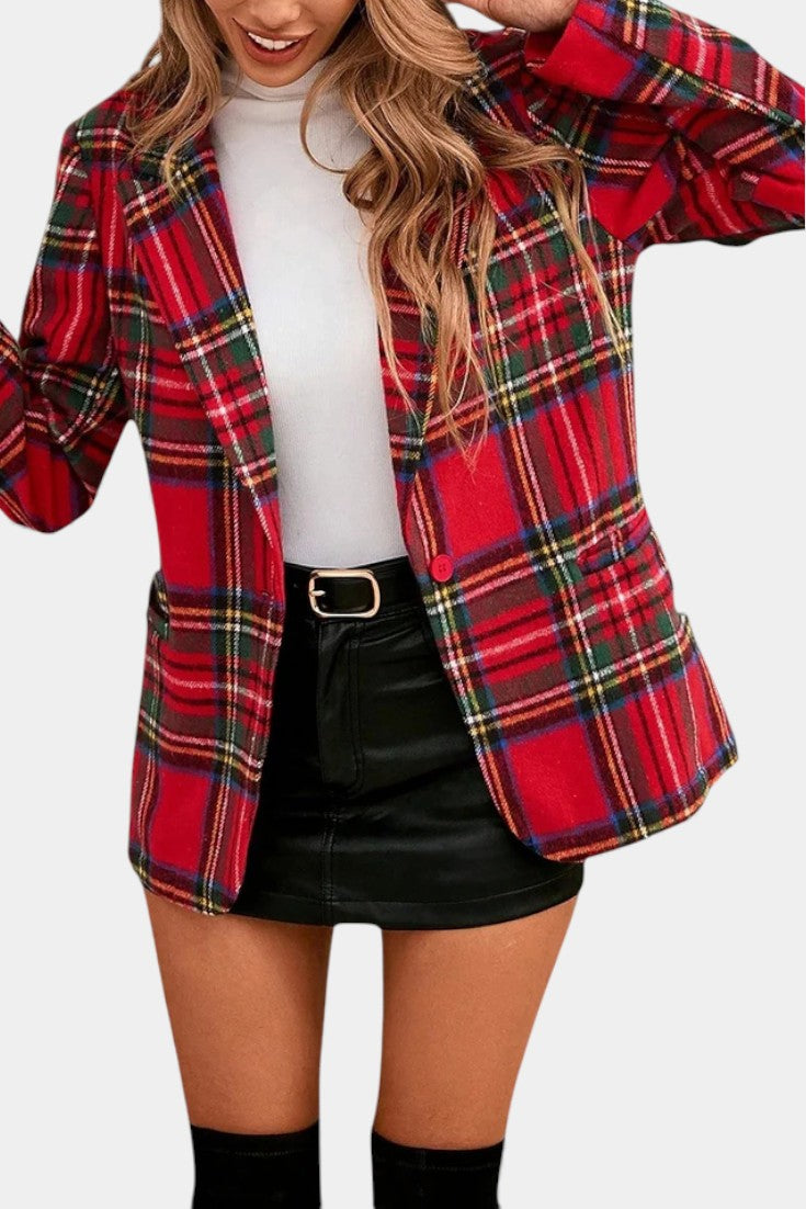 Alvine Long Checkered Blazer with Notched Collar and One-Button Closure