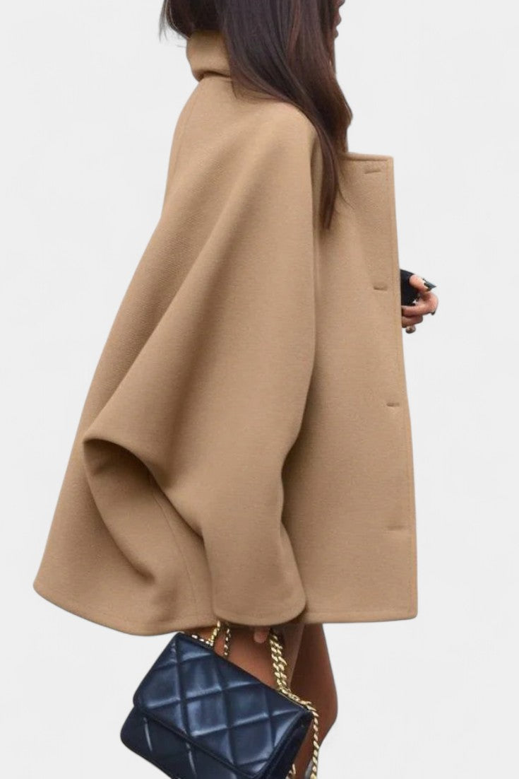 Ambreline Mid-Length Wool Batwing Coat with Notched Collar