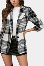 Alvine Long Checkered Blazer with Notched Collar and One-Button Closure