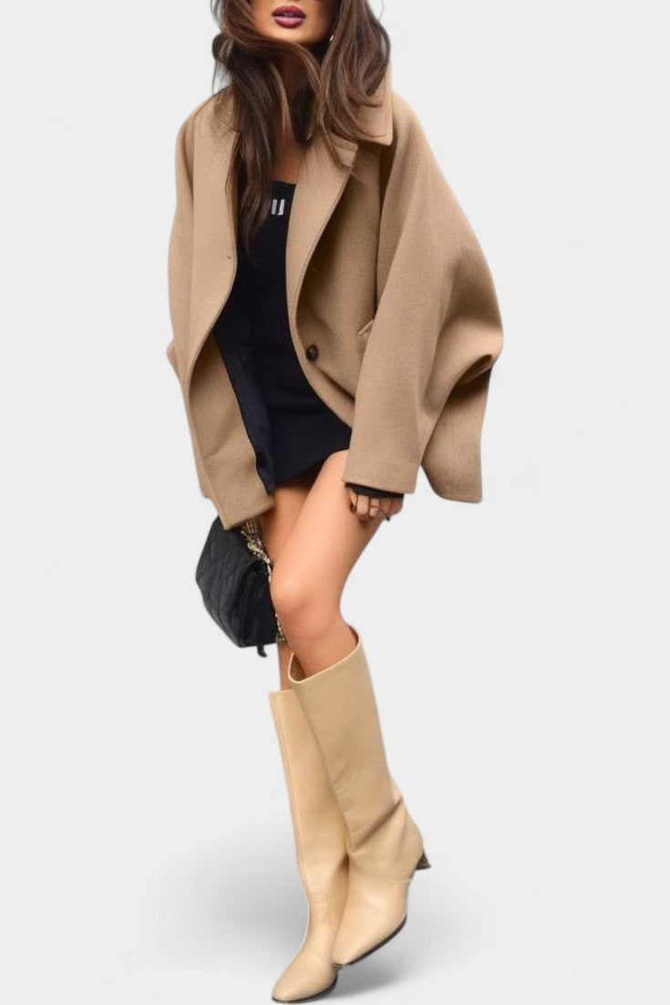 Ambreline Mid-Length Wool Batwing Coat with Notched Collar