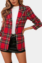Alvine Long Checkered Blazer with Notched Collar and One-Button Closure