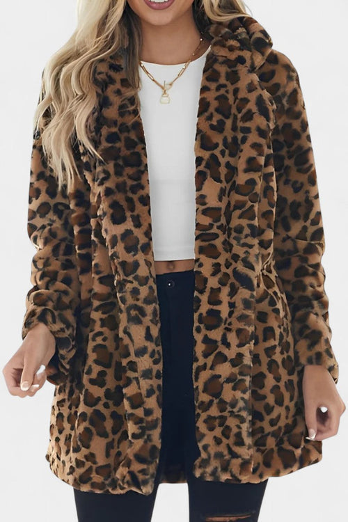 Lång leopardmönstrad fuskpälsjacka