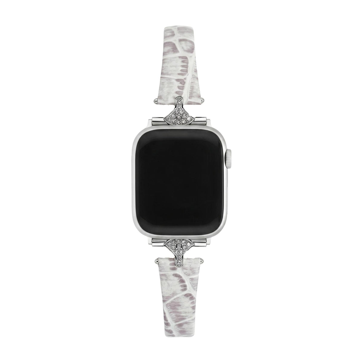 Correa fina para mujer, material sintético efecto cocodrilo, conectores con pedrería brillante, compatible con Apple Watch, elegancia en la muñeca, modelo Crozia