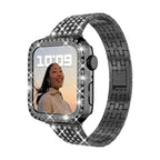 Correa y carcasa Apple Watch de acero inoxidable, eslabones con pedrería engastada, para mujer, modelo Fida