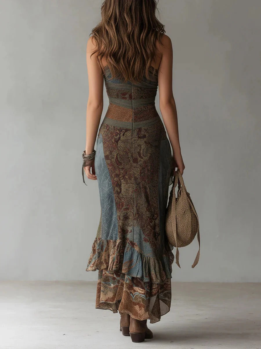 Vestido largo Mariana asimétrico con estampado étnico y abertura lateral