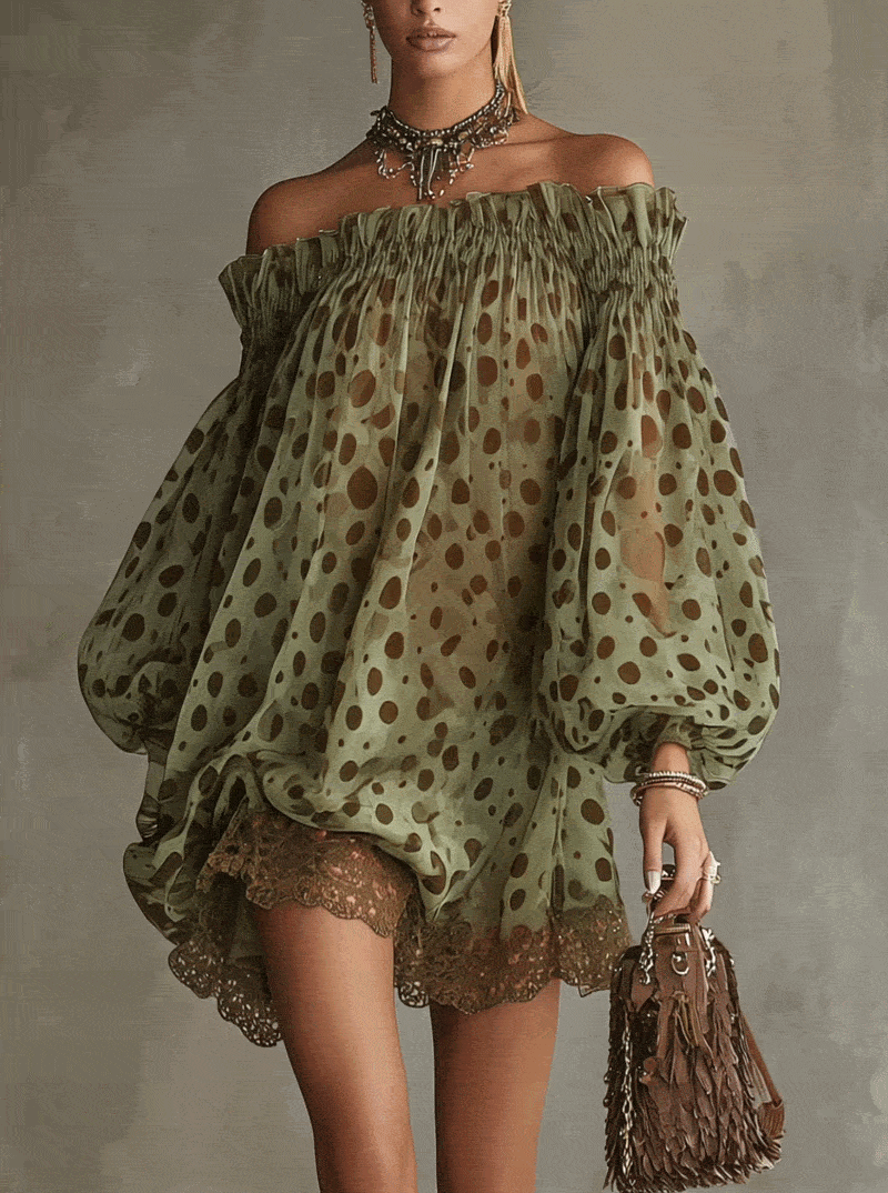 Vestido Mini Verde Oliva con Lunares y Hombros Descubiertos