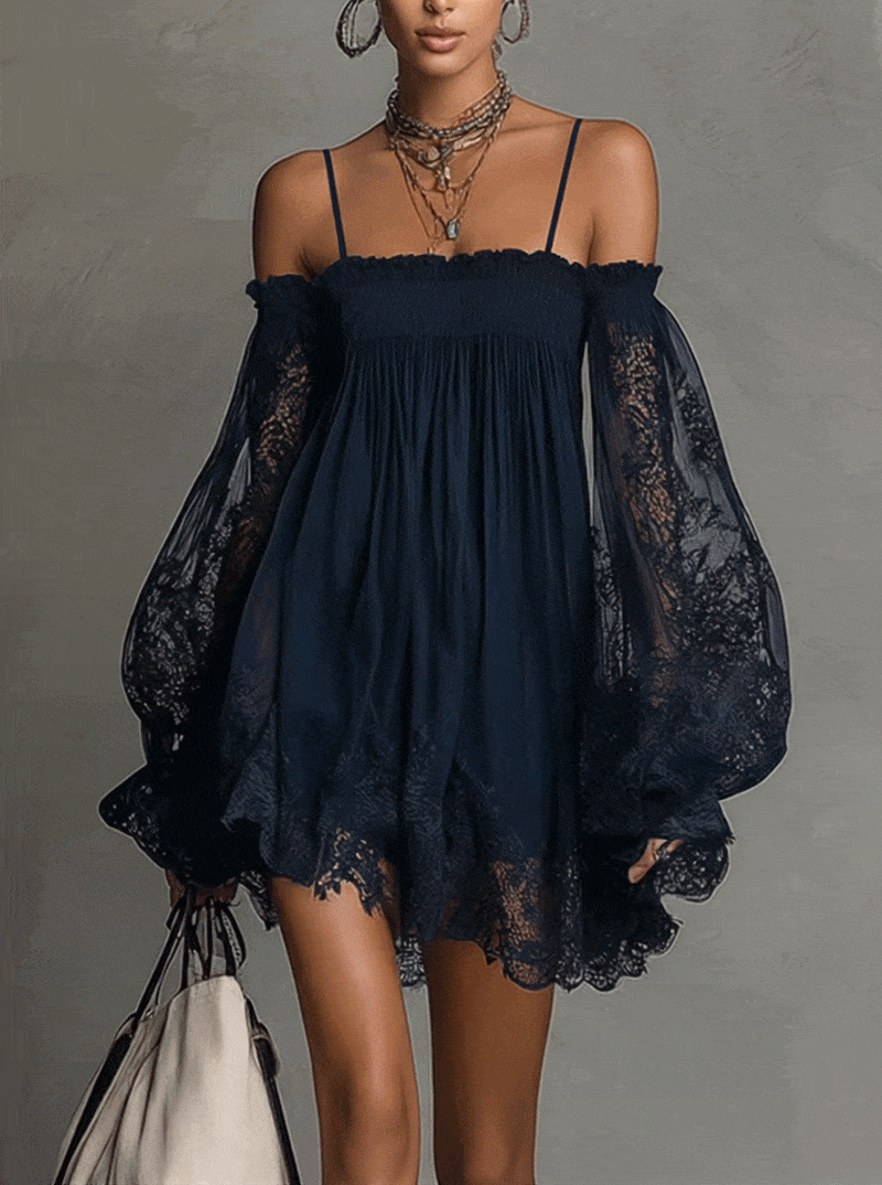 Vestido Mini Azul Marino de Encaje con Hombros Fríos