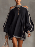 Vestido Mini Negro Boho con Manga Farol