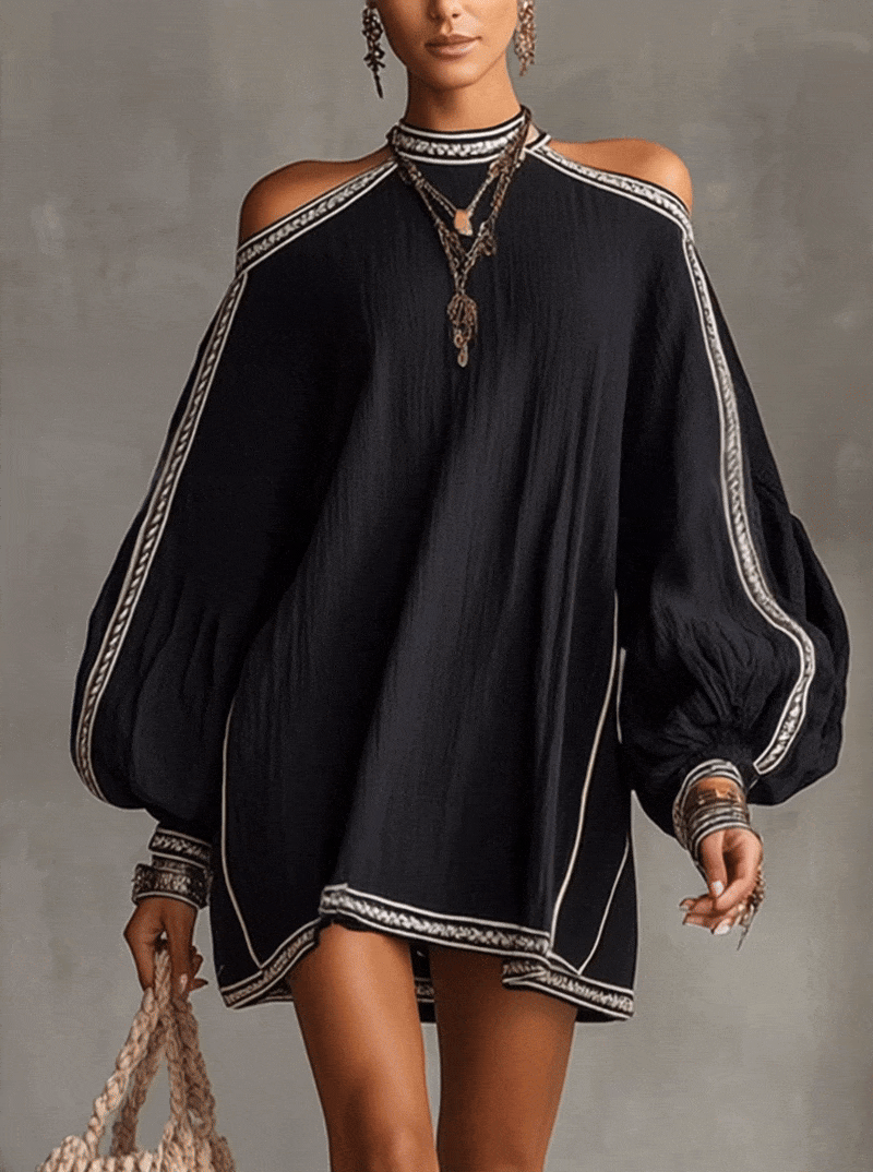 Vestido Mini Negro Boho con Manga Farol