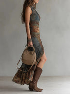 Vestido largo Mariana asimétrico con estampado étnico y abertura lateral