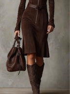Vestido Midi Marrón Vintage con Cremallera y Cinturón