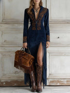 Vestido Maxi de Ante Sintético Western con Bordado y Flecos