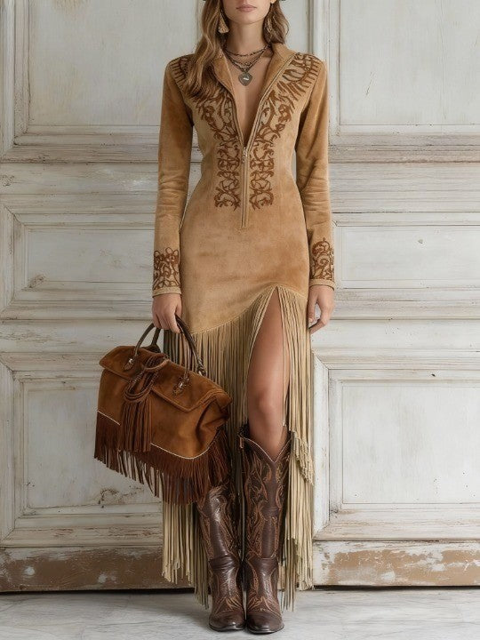 Vestido Maxi de Ante Sintético Western con Bordado y Flecos