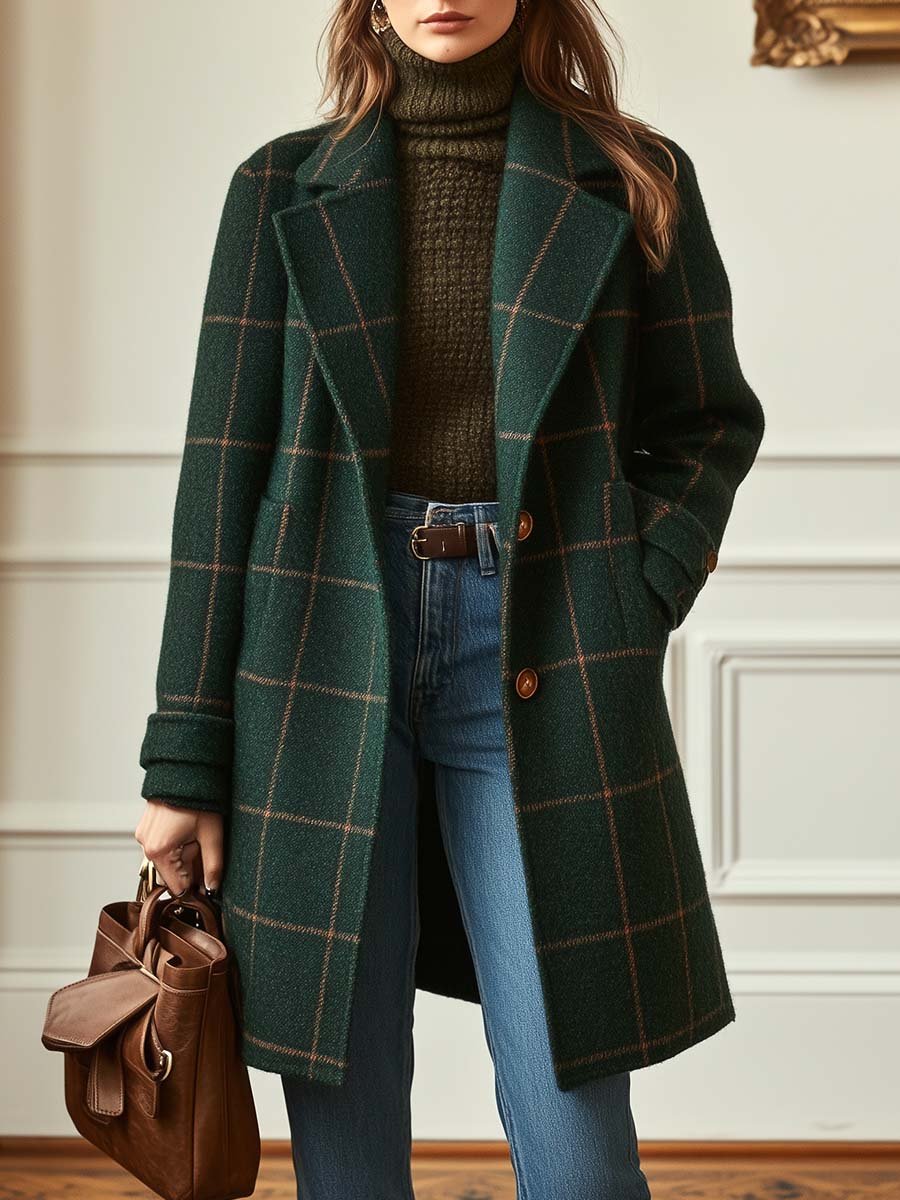 Abrigo Retro con Cuello Solapa y Estampado de Cuadros Tweed
