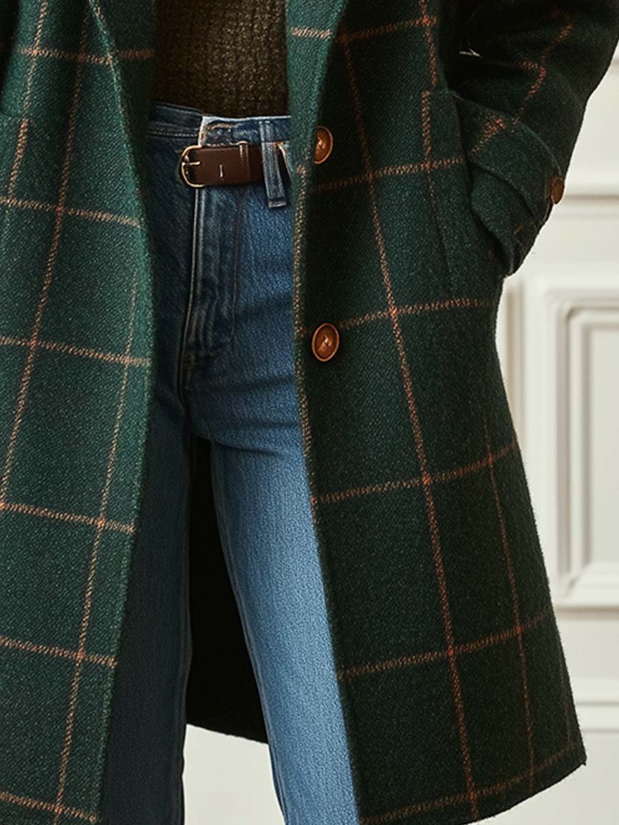 Abrigo Retro con Cuello Solapa y Estampado de Cuadros Tweed